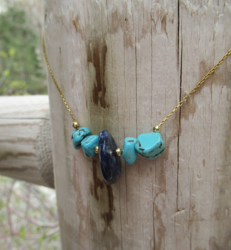 Sodalite Turquoise Necklace on Brass Gossamer Chain, 18.5 inches